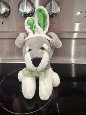 Plush Gray and White Dog Toy with Green Accent - Soft Pet Plush DanDee